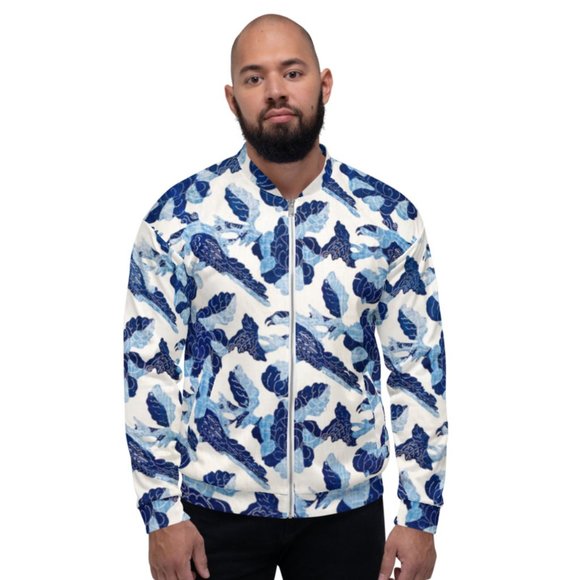 Bird And Flower Pattern Blue White Motif Bomber Jackets. - Picture 2 of 6